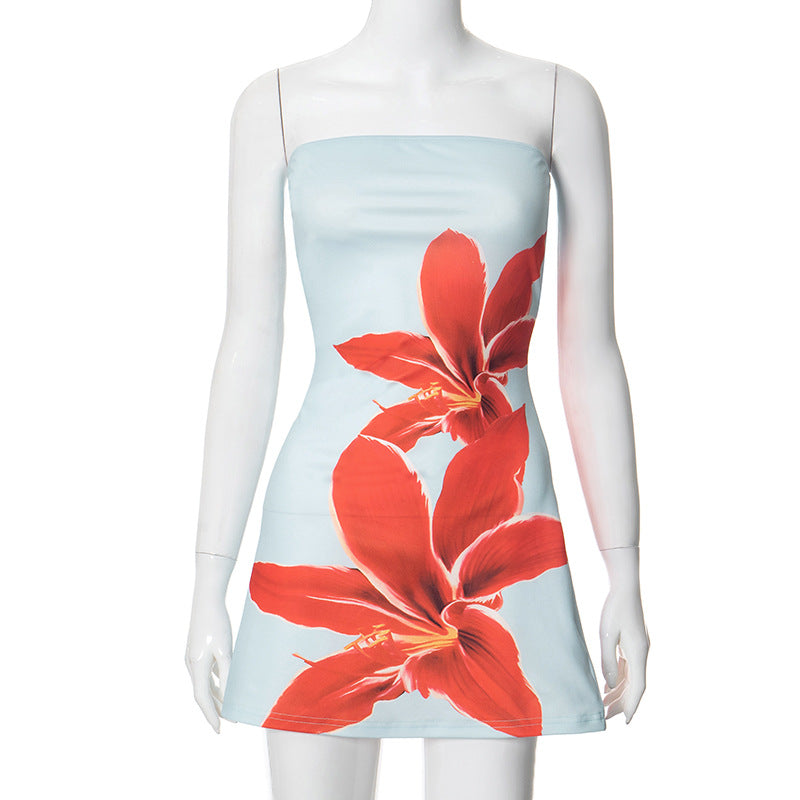 Women's strapless bodycon mini dress floral print party-ready vibrant silhouette curve-hugging fit