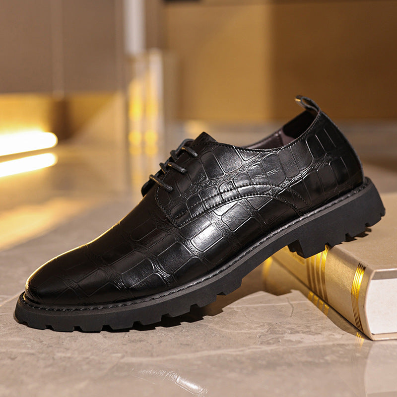 Men's black crocodile-embossed PU leather Oxford shoes lace-up formal style for professionals