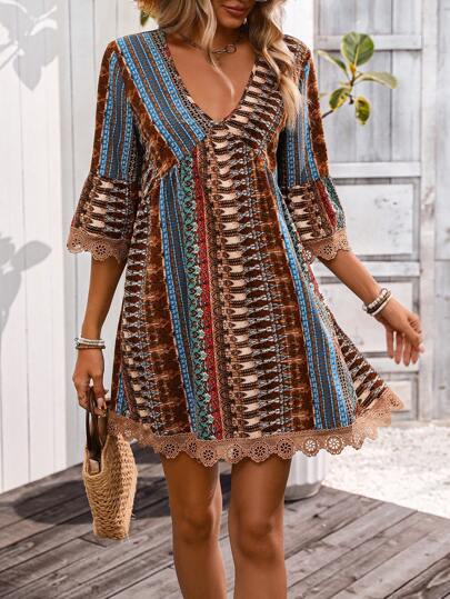 Women's boho A-line summer dress lightweight floral flowy midi silhouette casual chic