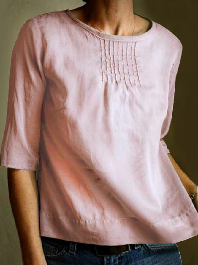 Women's loose fit cotton linen blouse with pleated front, 3/4 sleeves, breathable summer style