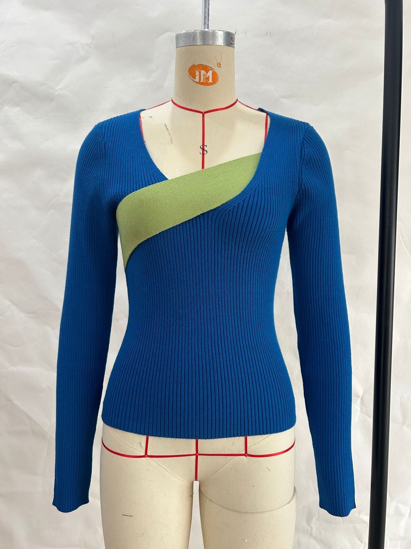 Women's ribbed knit sweater slim fit asymmetric neckline long sleeves Nordic-inspired polished style