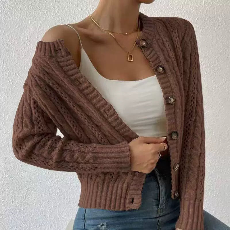 Women's cozy cable knit cardigan relaxed fit button front ribbed trim eyelet detail
