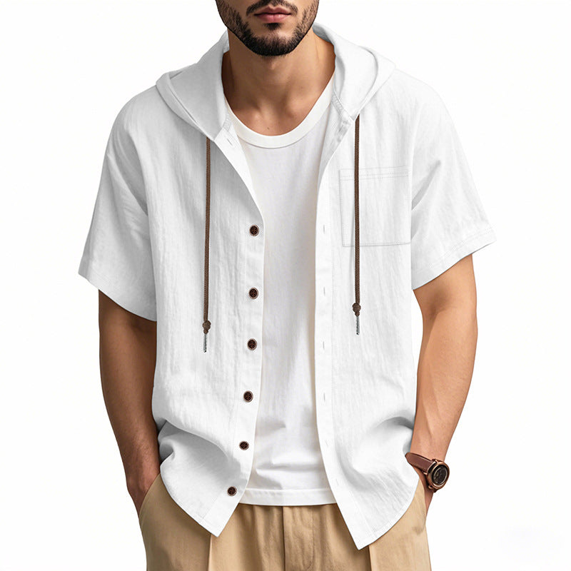 Men's linen-blend hoodie shirt short sleeves relaxed fit breathable beige summer casual style