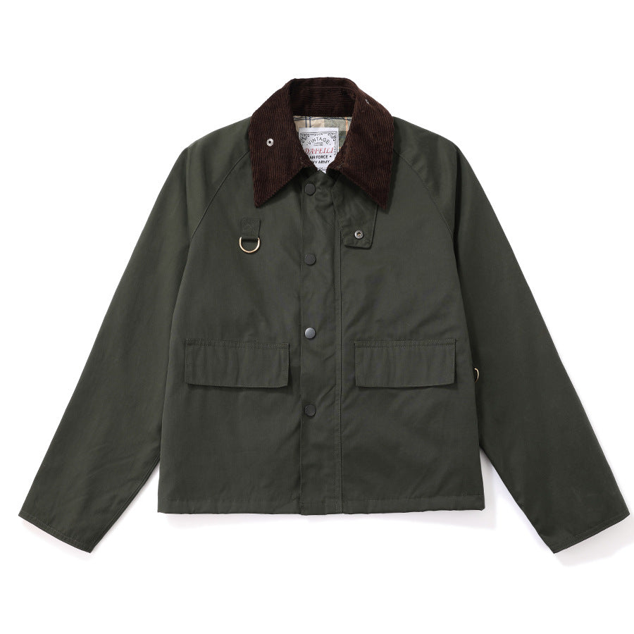 Women's cotton field jacket with corduroy collar, snap-button closure, flap pockets casual outdoor style