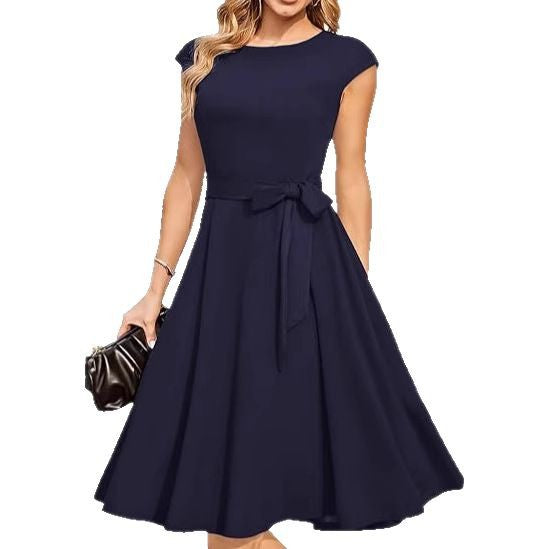 Elodie women's midi dress A-line silhouette tie waist round neckline everyday elegance