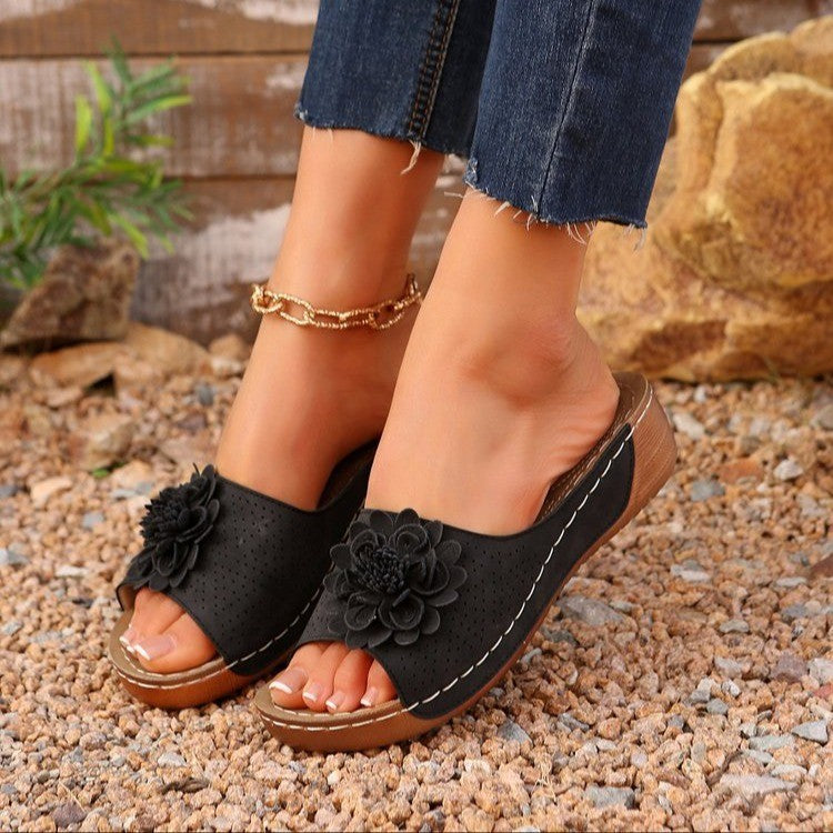 Women's beige wedge sandals open toe perforated upper with delicate flower detail for effortless style