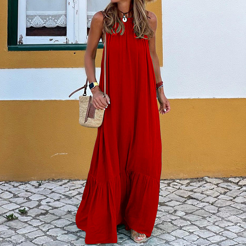 Women's long loose-fit sleeveless halterneck beach dress, lightweight breathable vacation style