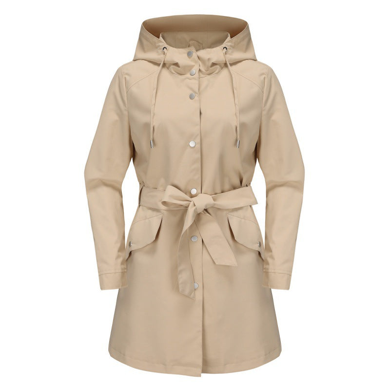 Women's beige relaxed-fit mid-length trench coat with hood, waist belt, water-resistant finish