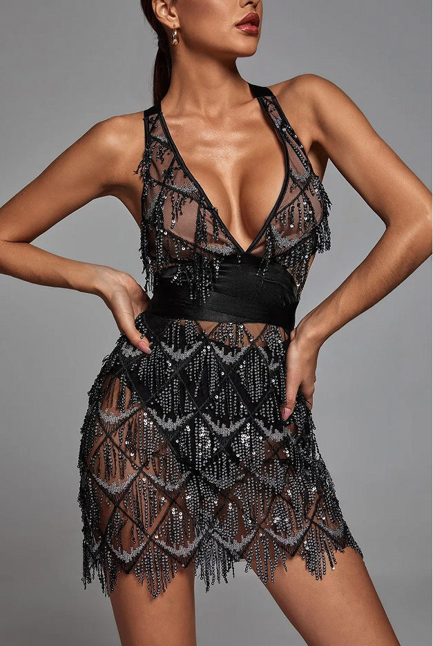 Women's fitted midi dress in sequin fringe, deep V-neck, curve-skimming evening gown for glamorous events