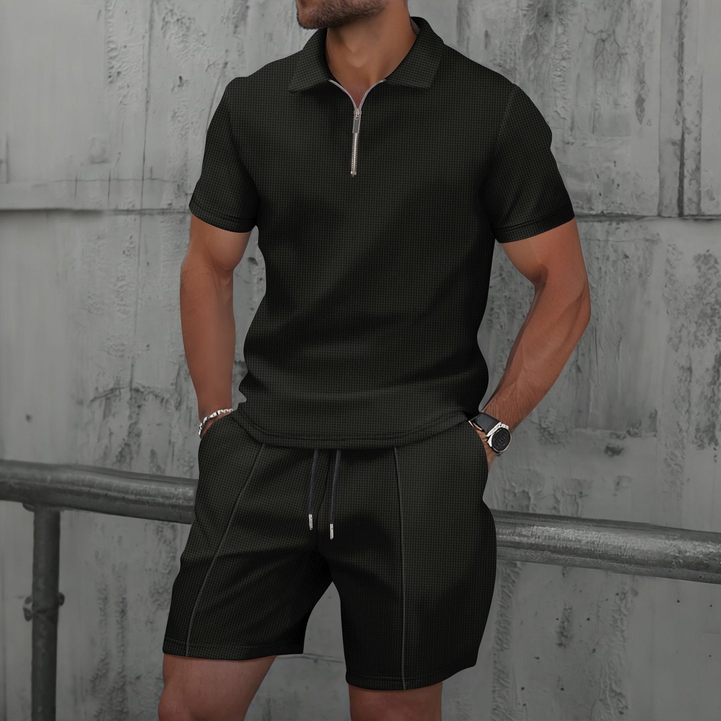 Men's regular fit short sleeve polo set with zip neck, breathable fabric in a clean modern style