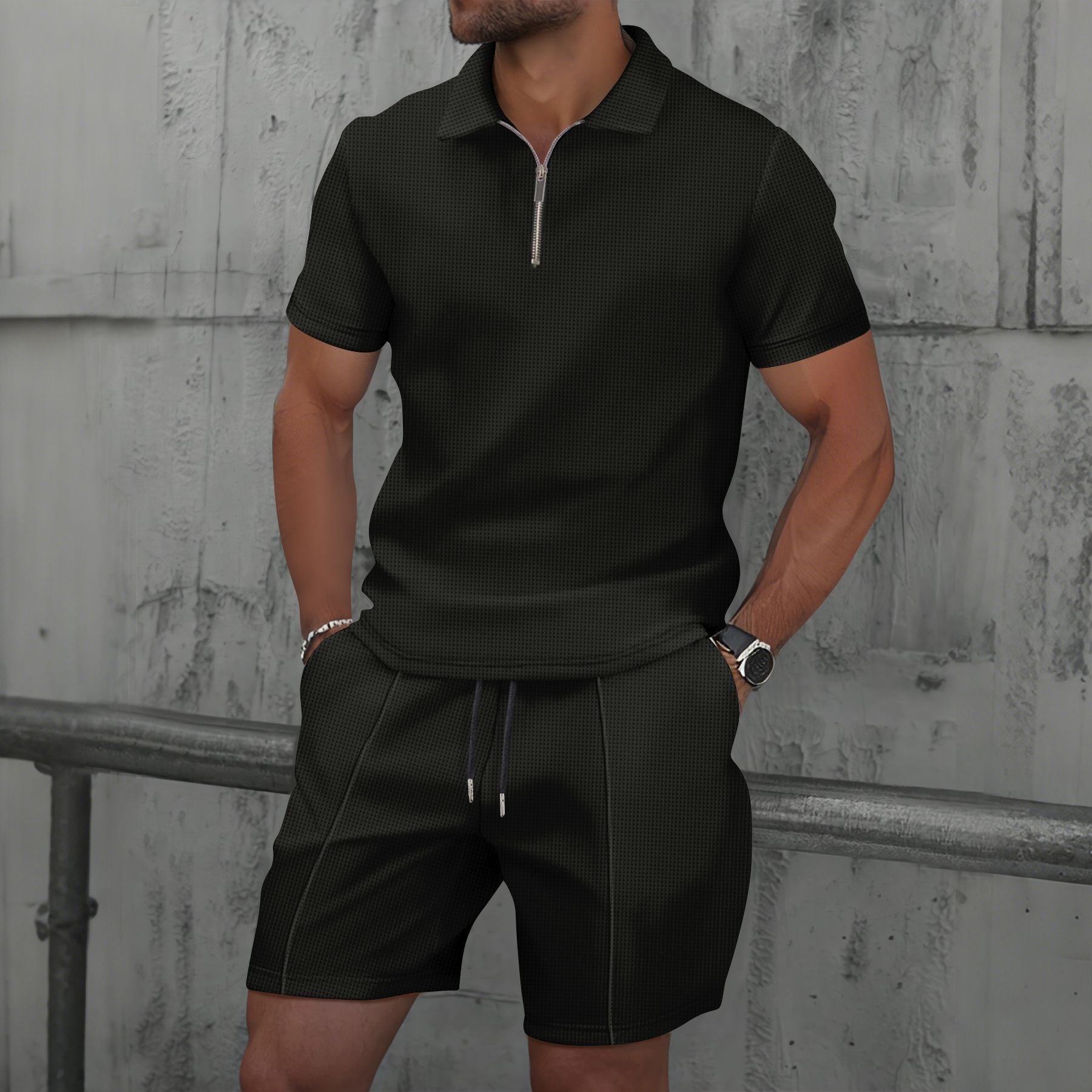 Men's regular fit short sleeve polo set with zip neck, breathable fabric in a clean modern style