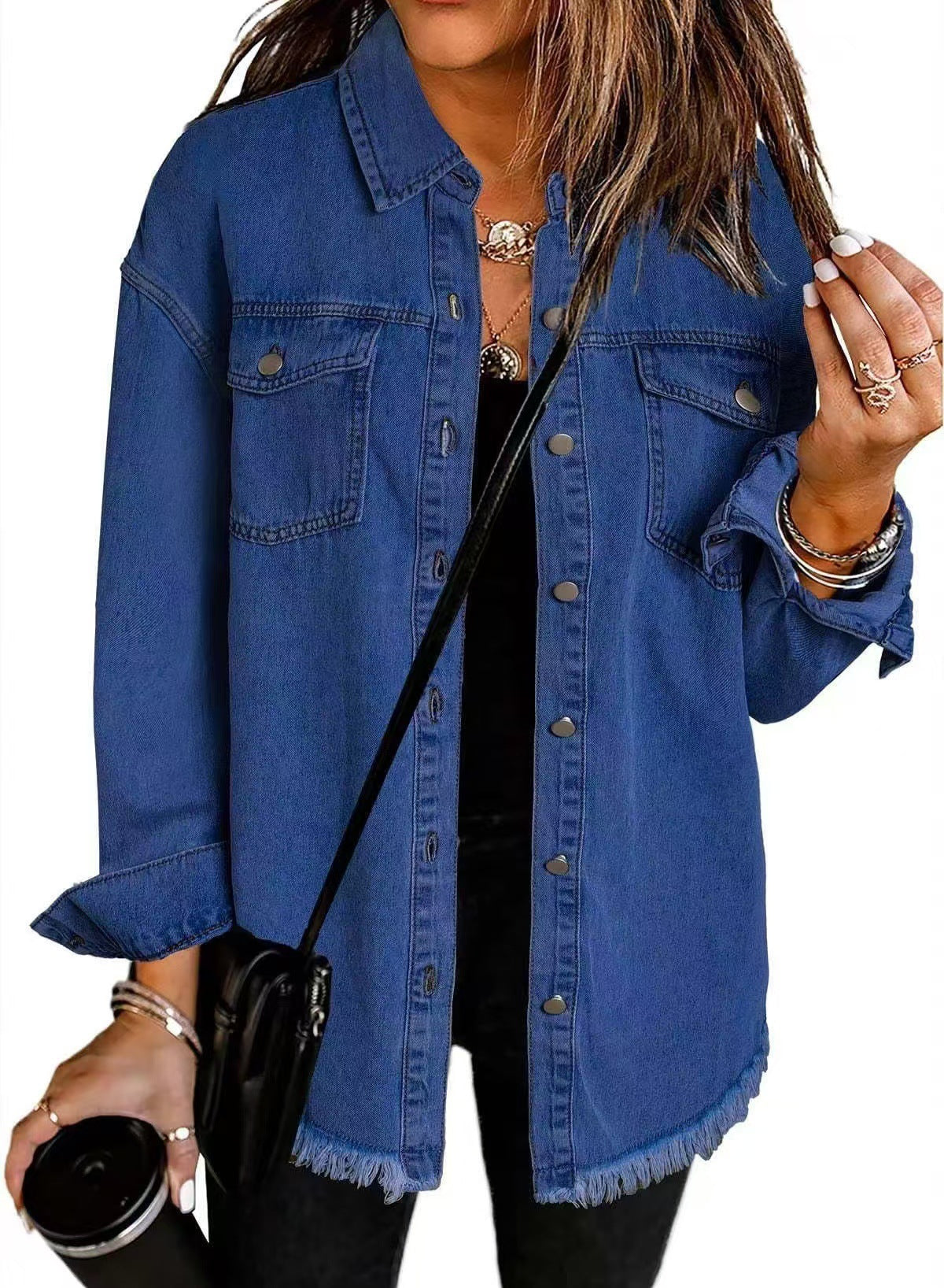 Unisex relaxed-fit washed denim jacket with button-front closure and front pockets streetwear style