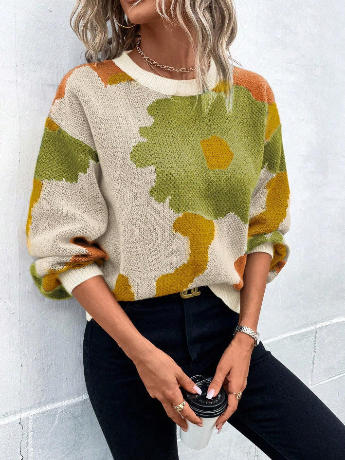 Women's floral print pullover sweater cozy soft-touch knit with vibrant all-season feminine pattern