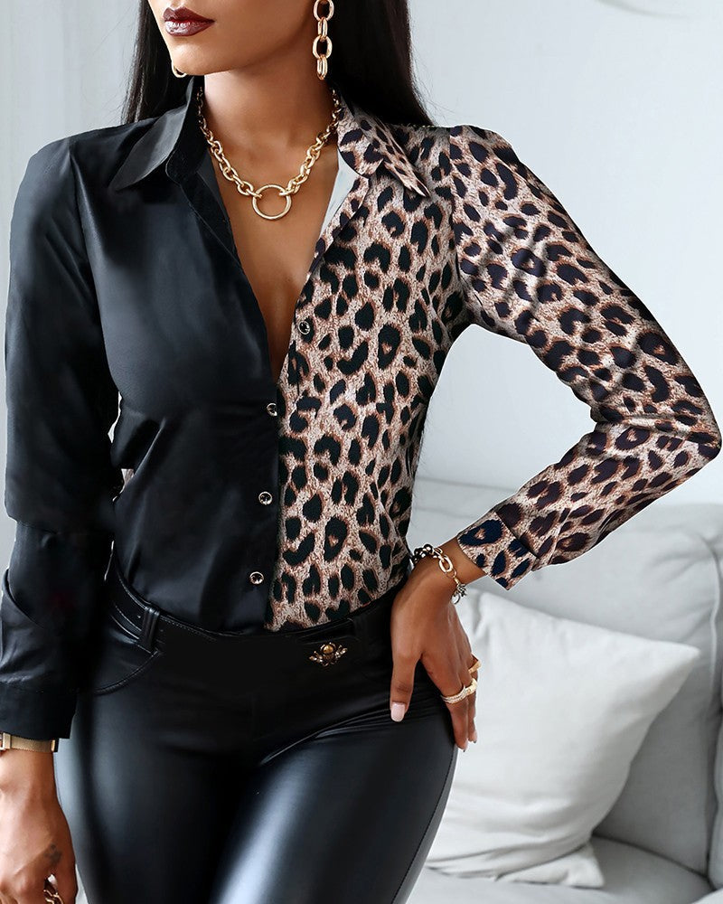 Women's satin chain-pattern print shirt classic collar button-down long sleeves elegant office wear