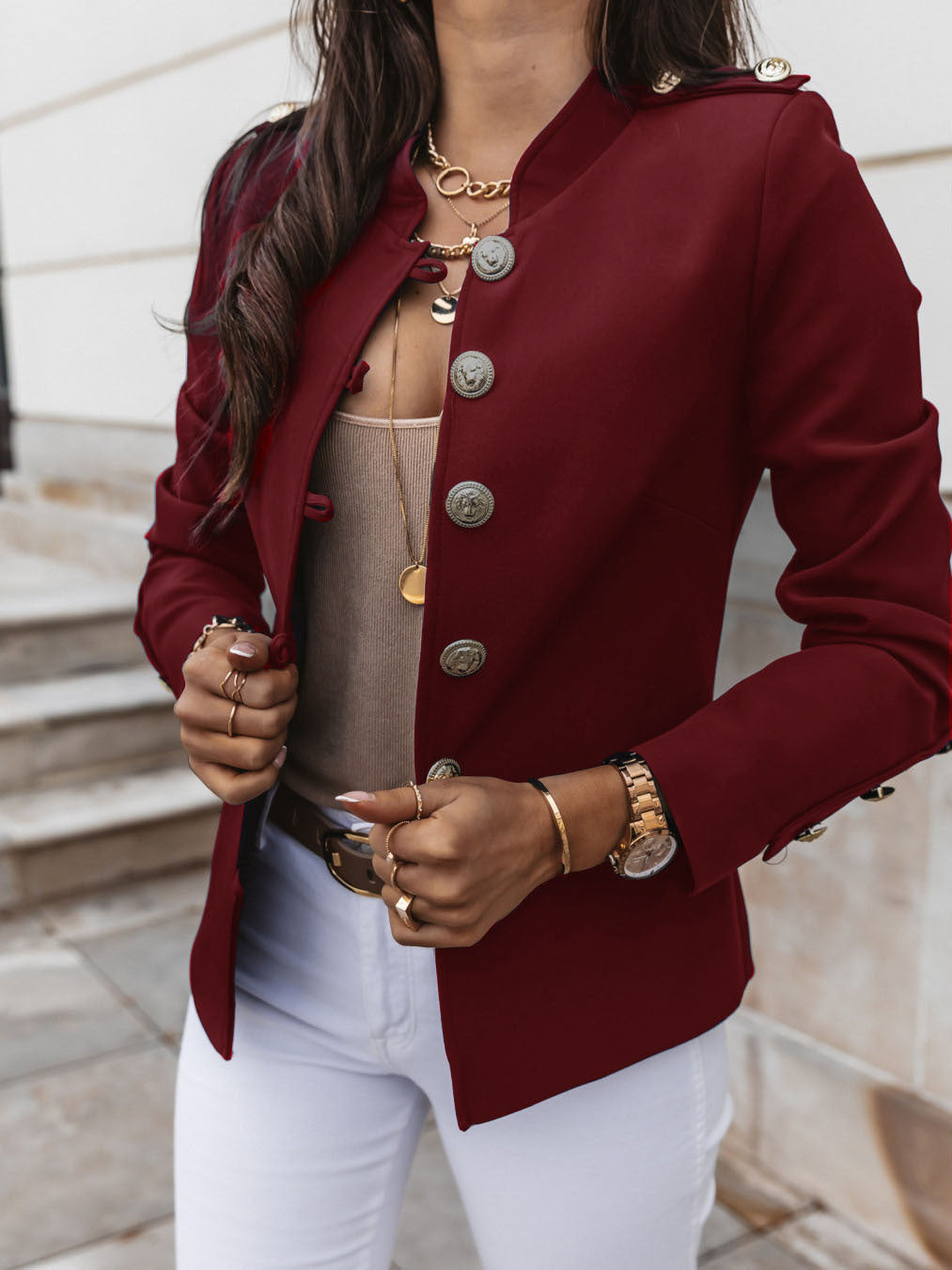 Women's slim fit black mandarin collar blazer with metallic button detail for work and evening