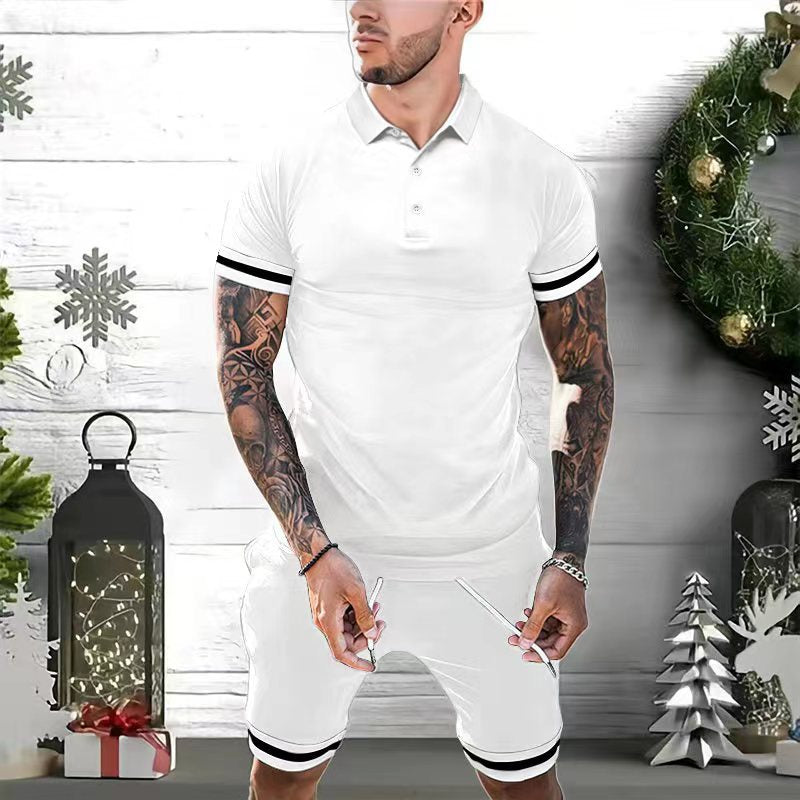 Men's slim fit polo shirt with sporty stripes, breathable fabric, short sleeves for active casual wear