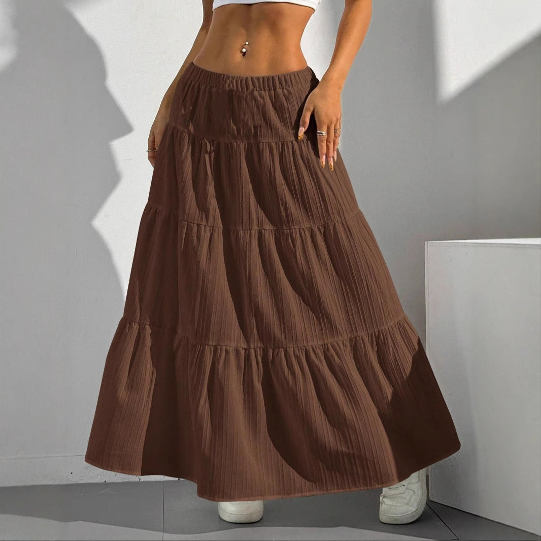 Women's boho chic A-line long skirt lightweight cotton blend gathered ruffles flowing silhouette
