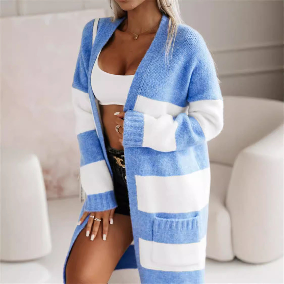 Women's oversized long open-front striped cardigan with ribbed cuffs, casual relaxed fit