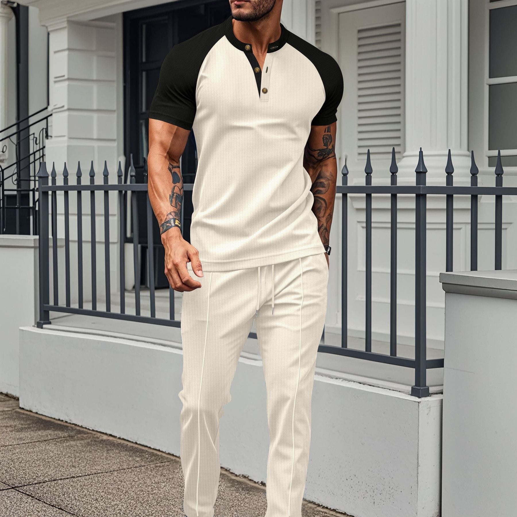 Men's gray athletic training set short-sleeve top breathable stretch fabric slim fit activewear