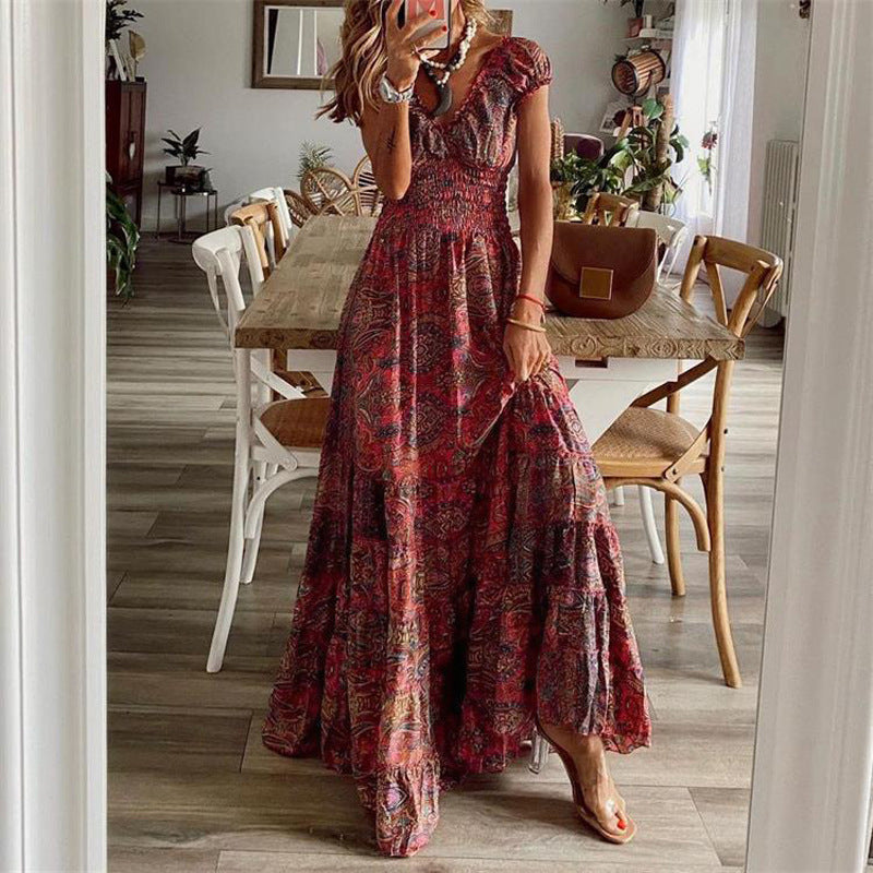Women's cotton maxi dress V-neck smocked bodice tiered skirt breathable warm-weather elegant style