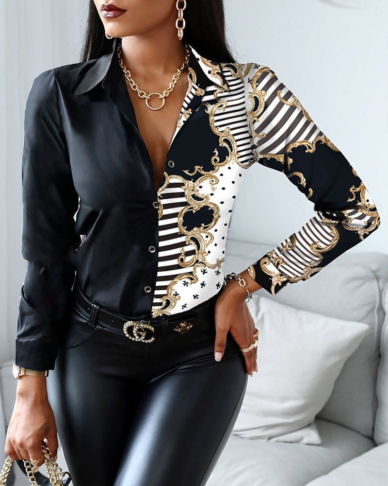 Women's satin shirt chain pattern print classic collar button-down long sleeves elegant office wear
