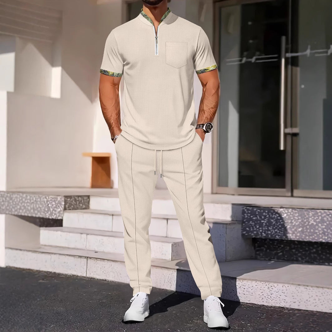 Men's slim fit two-piece set breathable fabric zipper neck chest pocket coordinated top and pants