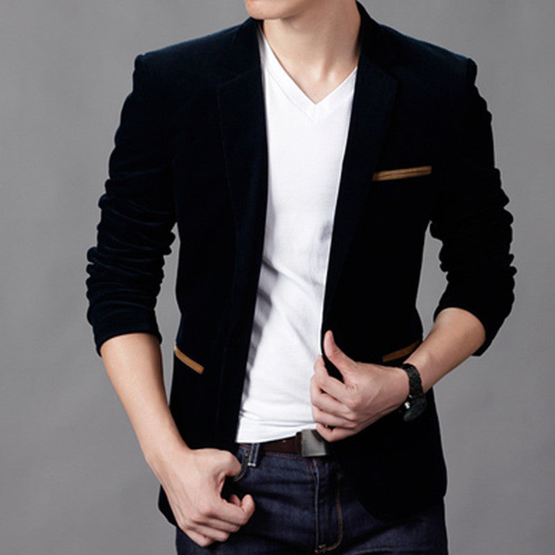 Men's brown corduroy slim fit blazer with notched lapel, structured shoulders, versatile everyday style