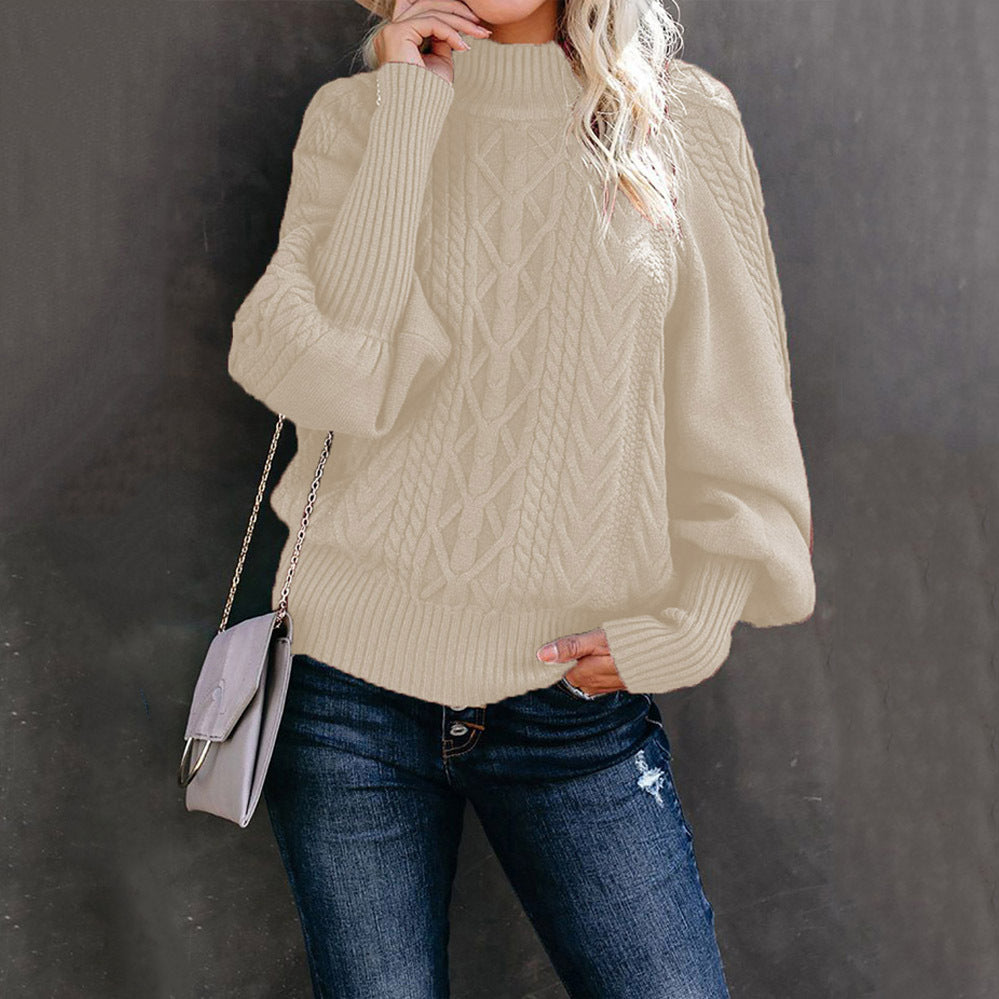 Women's chunky knit sweater beige high collar voluminous sleeves hooded cozy cold-weather pullover