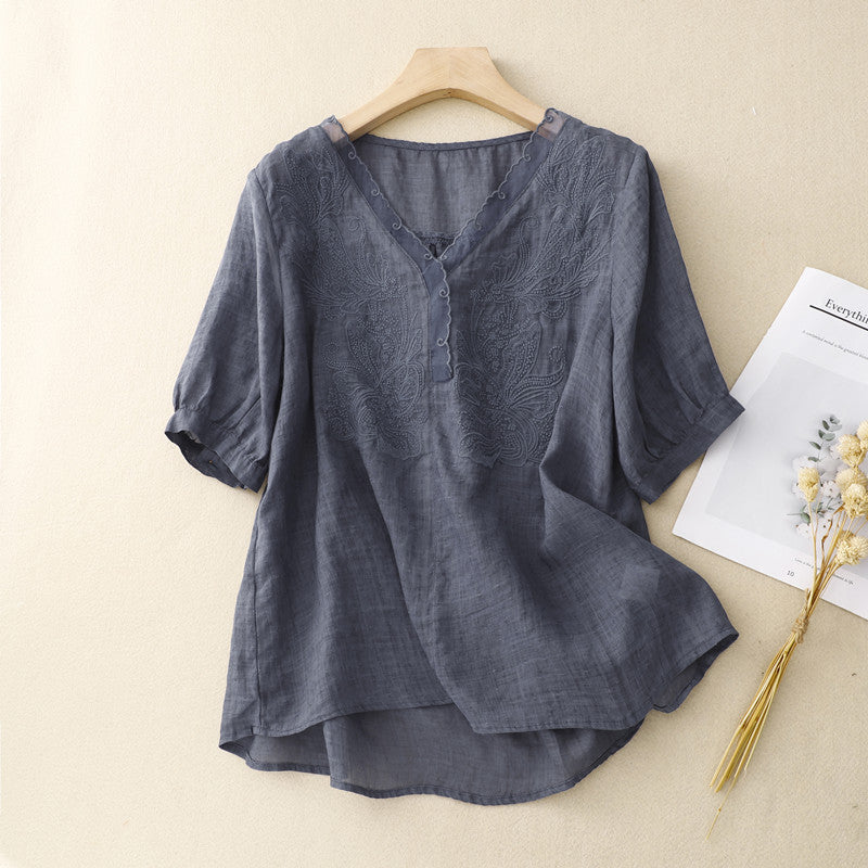 Women's loose fit V-neck short sleeve shirt with floral embroidery, breathable summer essential