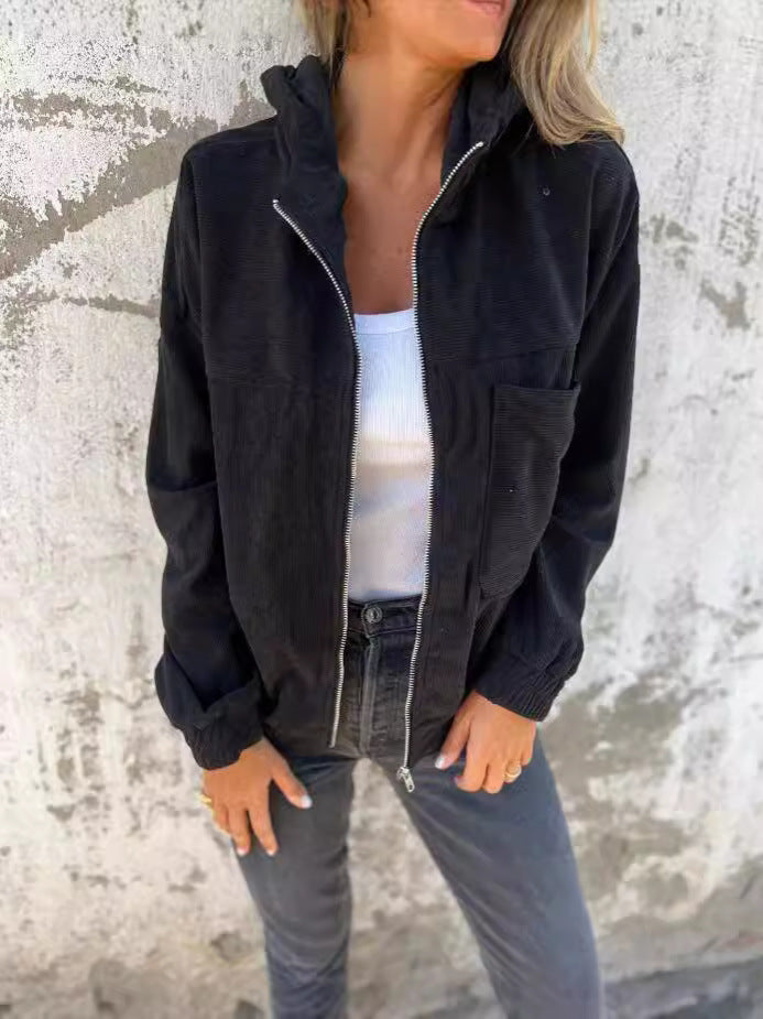 Women's relaxed fit corduroy hooded jacket with zip front closure and elastic cuffs for all-season casual wear