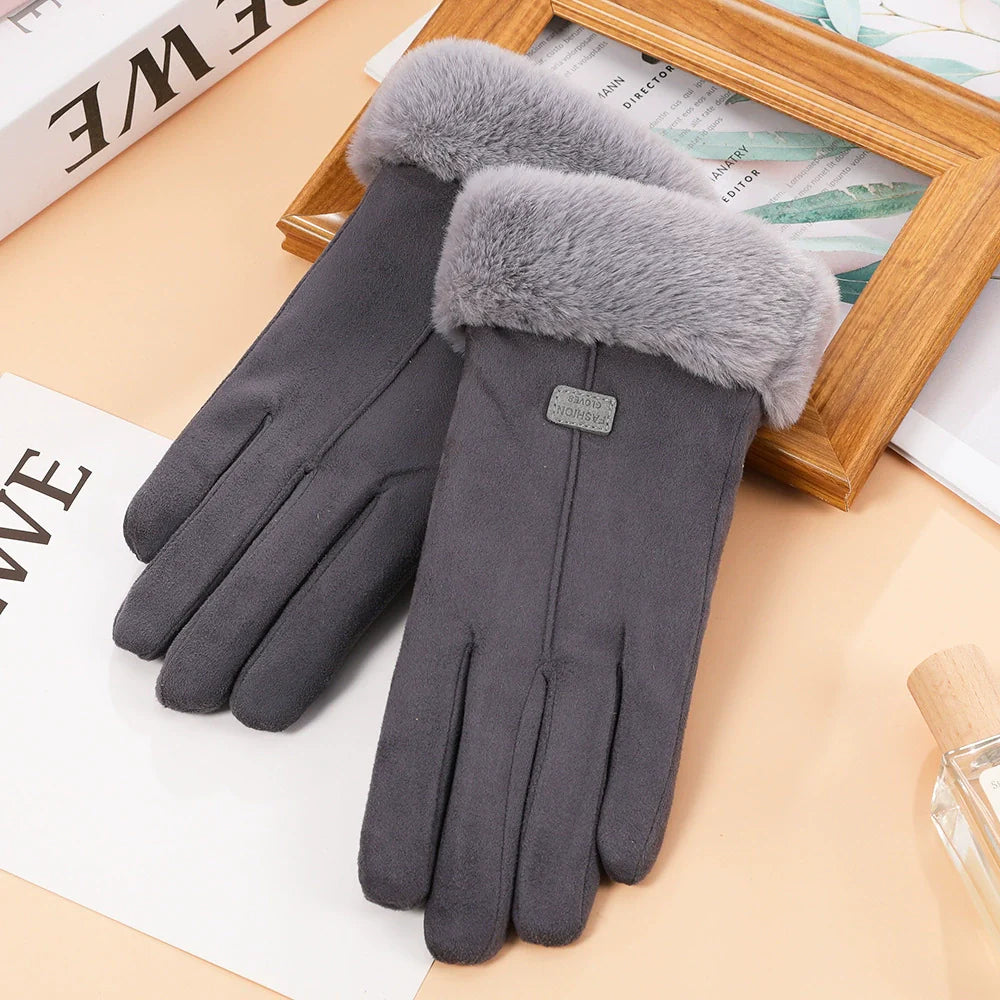Women's fitted winter gloves suede finish plush faux fur cuff solid color cozy wrist-length warmth