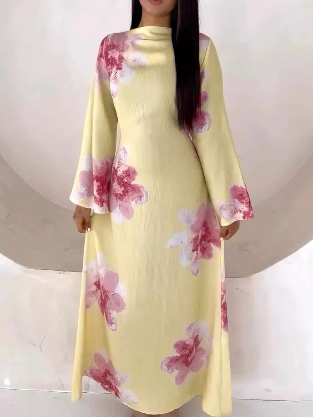 Printed maxi dress with lace details, fitted waist, polyester gown for women everyday glam