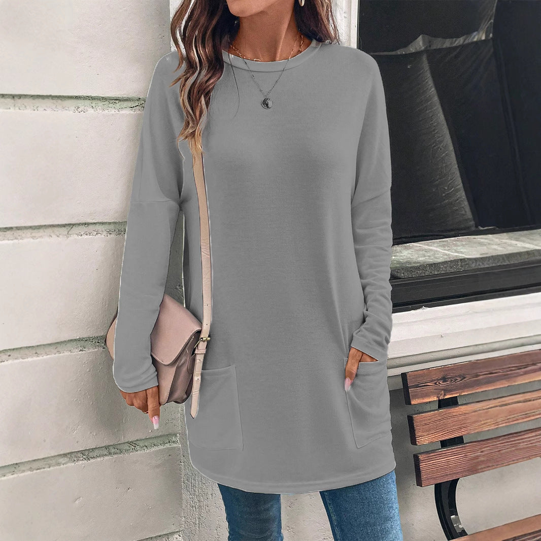 Women's cotton blend relaxed fit tunic sweatshirt with hip pockets for everyday casual comfort