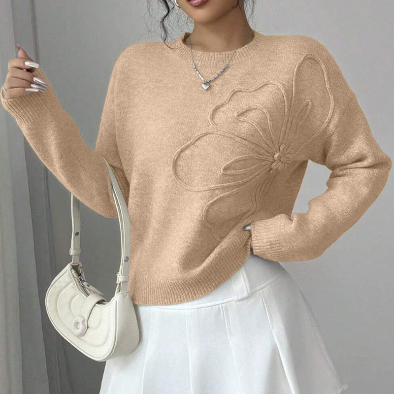 Women's relaxed fit wool pullover sweater with elegant embossed floral texture for cozy everyday style