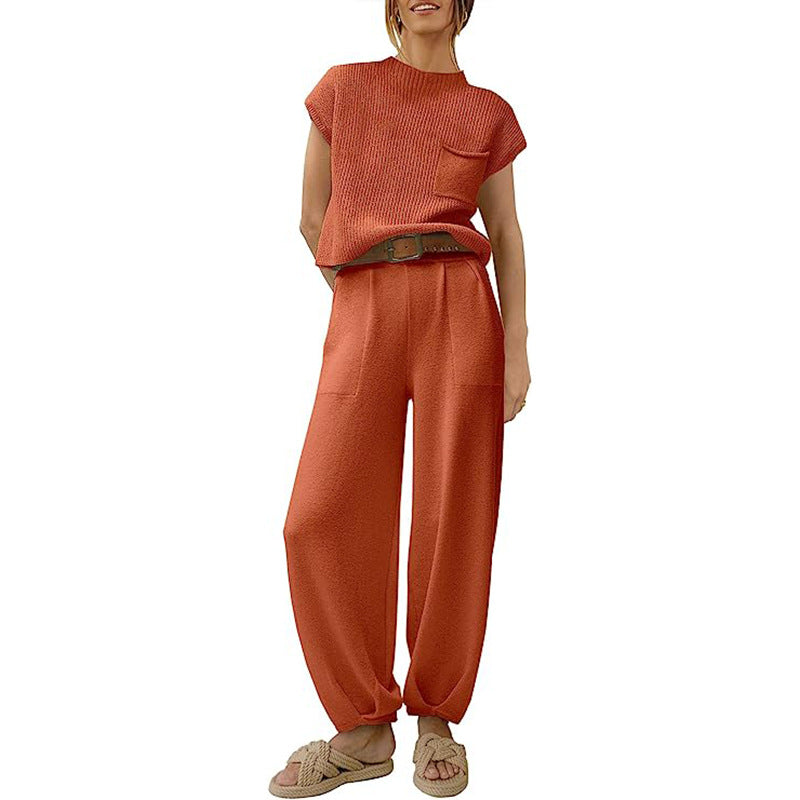 Women's soft cotton knit set cropped top with chest pocket and high waist wide leg pants