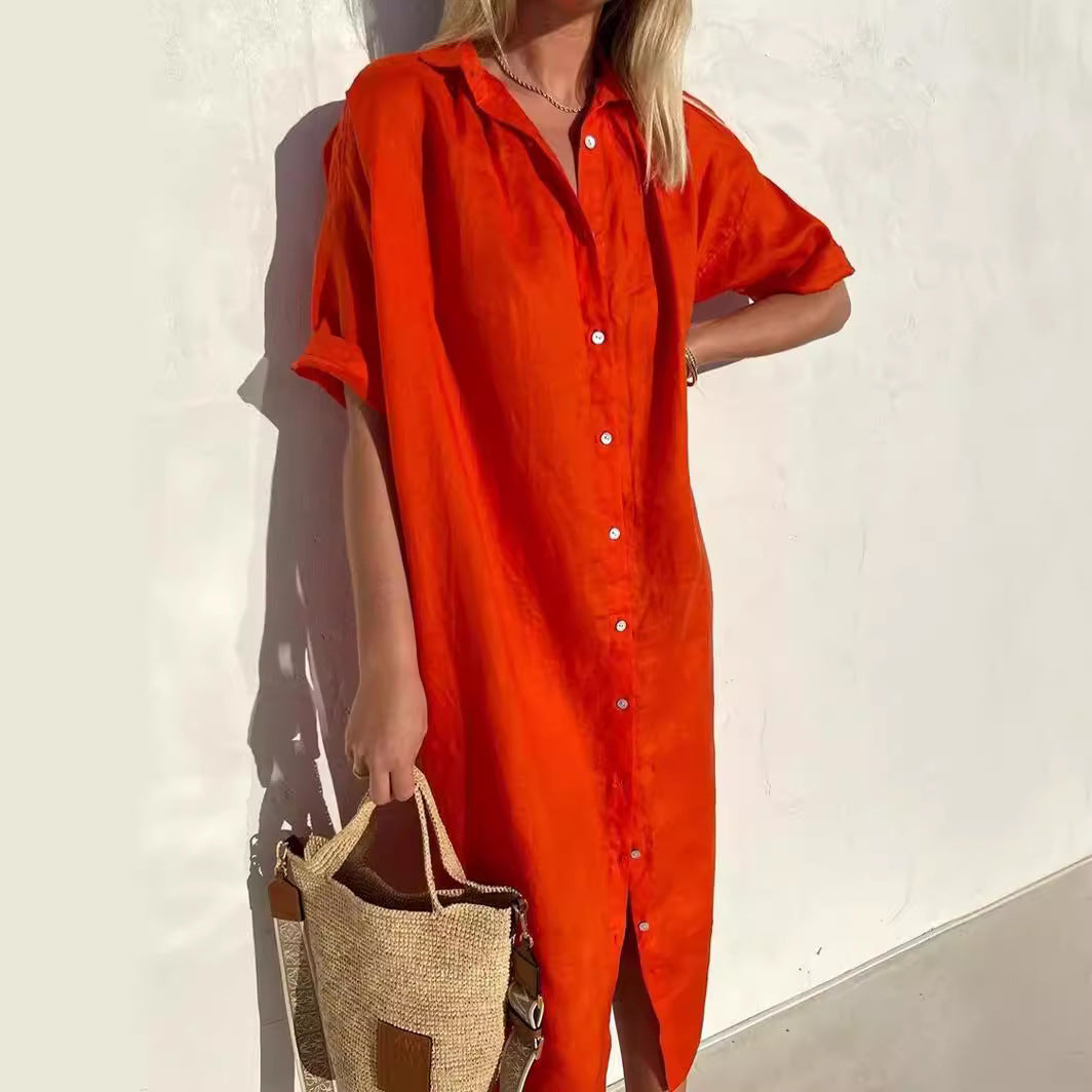 Women's cotton-linen shirt dress relaxed fit short sleeve button-front breathable warm-weather style