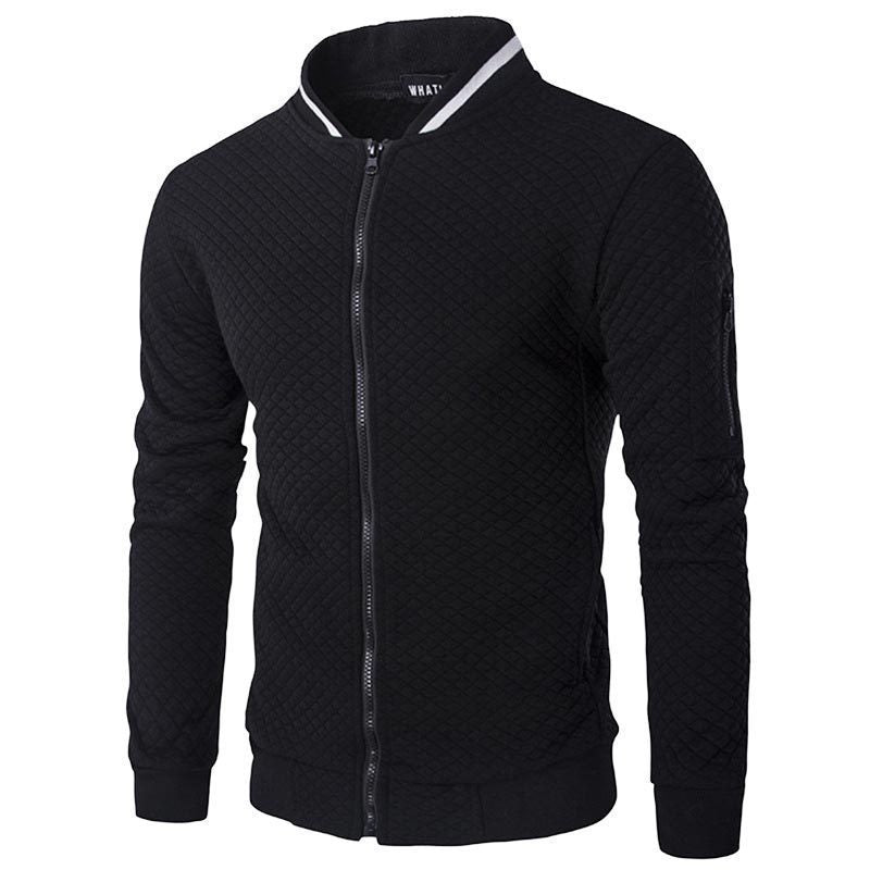 Men's slim fit quilted cardigan dark color zipper closure sleeve pocket ribbed edges modern casual style