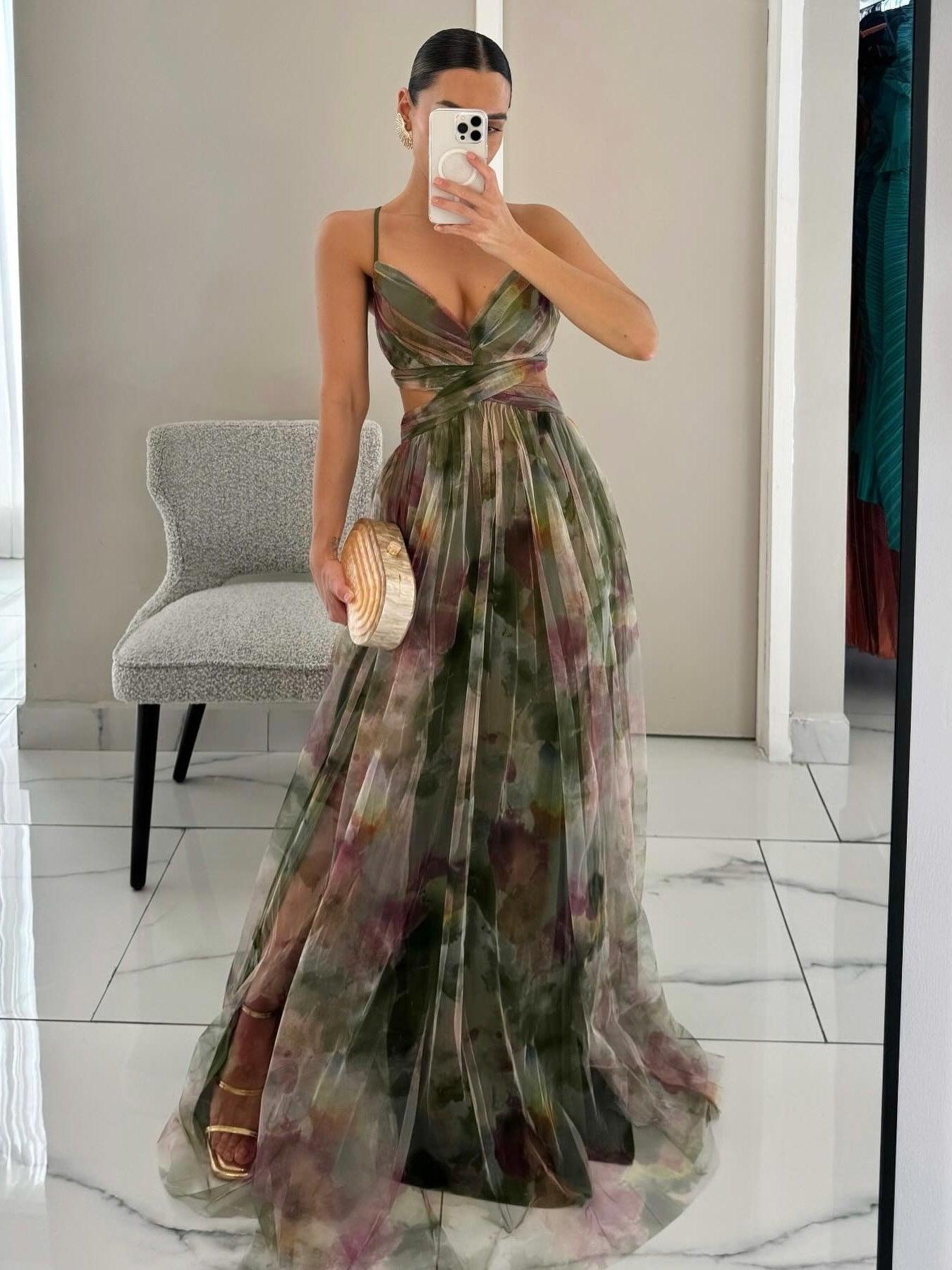 Floral painted tulle maxi dress women elegant V-neck A-line sleeveless ankle-length party gown