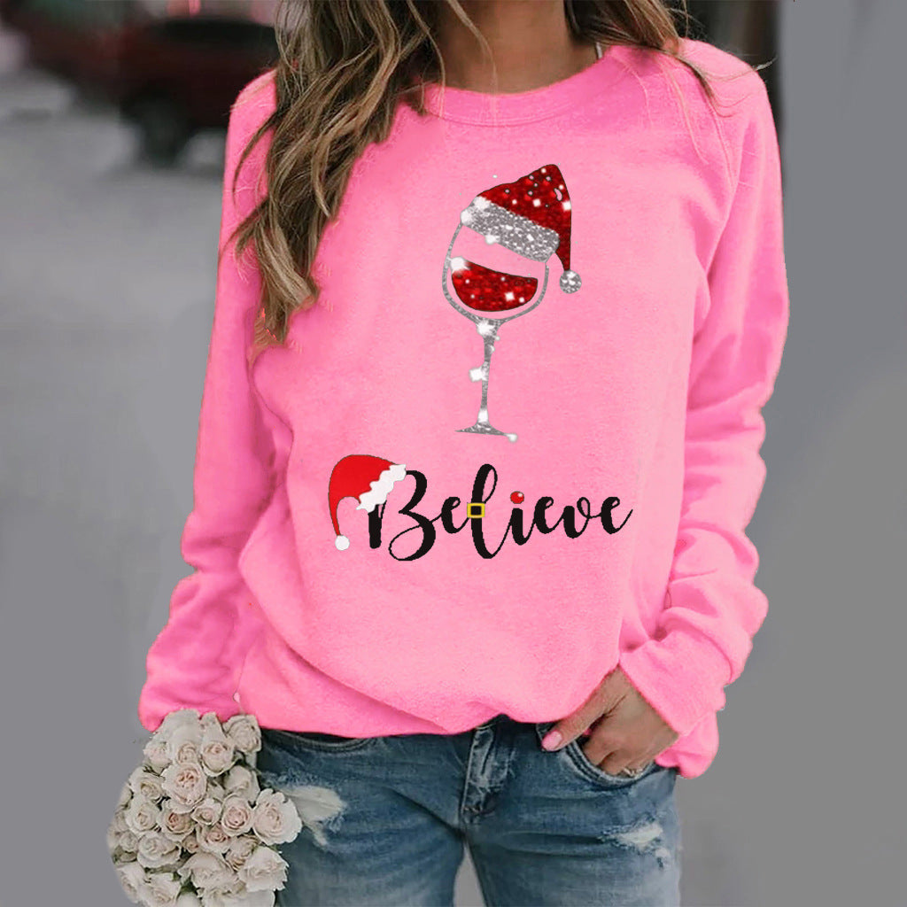 Women's relaxed fit cotton blend crew neck sweatshirt with festive holiday graphic print