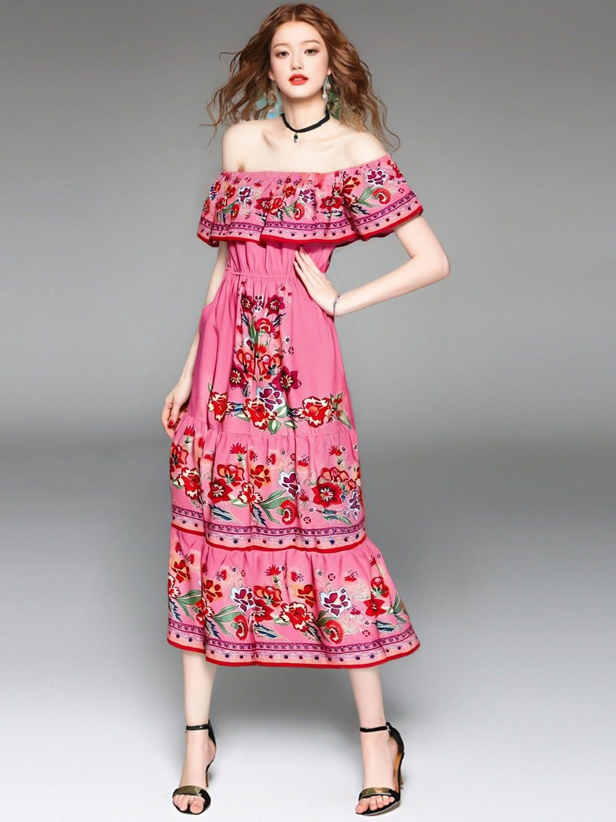 Floral off-shoulder maxi dress with ruched bodice and tiered skirt in vibrant summer print