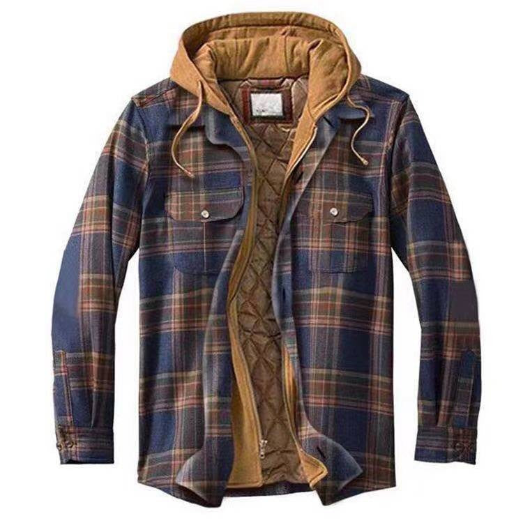Men's hooded plaid jacket quilted lining winter coat classic checkered pattern casual fit