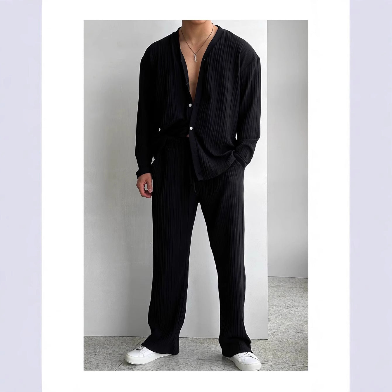 Men's cream relaxed fit matching shirt and pants set with vertical pleated texture for casual style