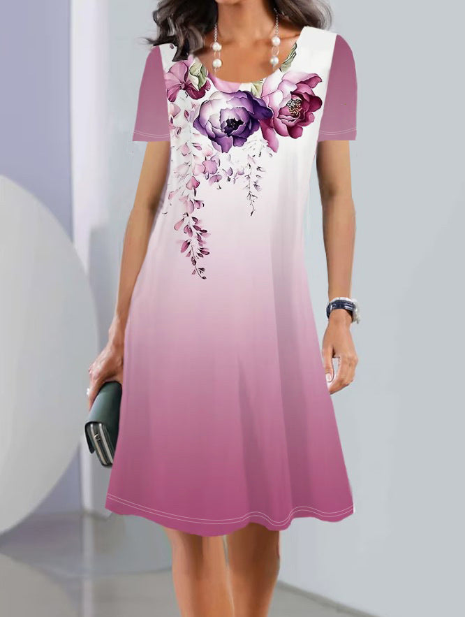 Women's A-line floral dress short sleeve cotton knee length comfortable everyday spring summer