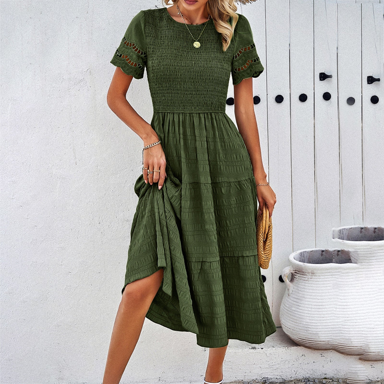 Women's cotton midi dress smocked bodice tiered skirt cutout short sleeves loose fit warm-weather chic