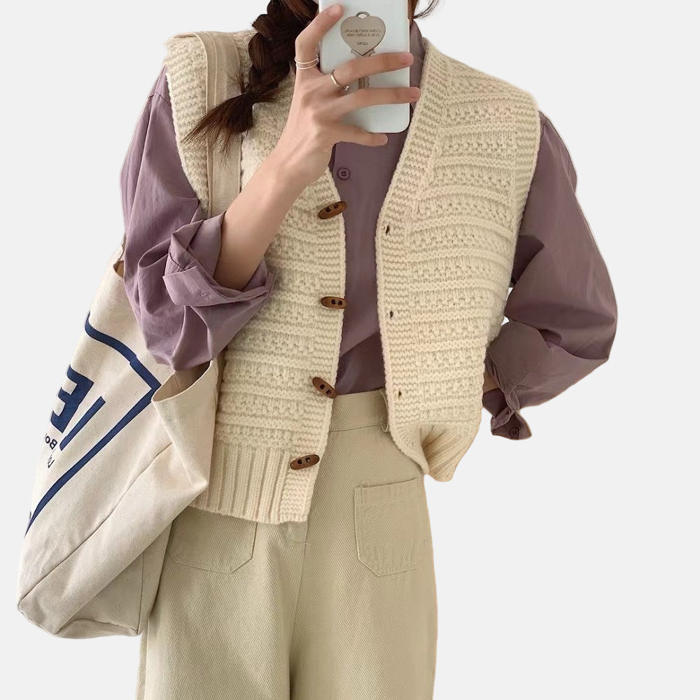 Women's knitted button-front vest V-neck cozy acrylic blend layer in versatile everyday style