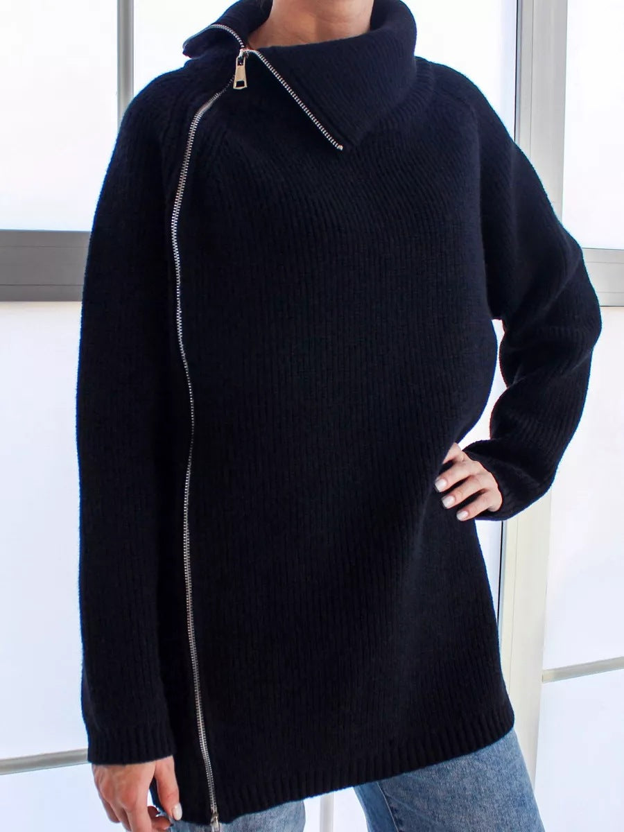 Women's oversized ribbed knit pullover sweater with asymmetrical zipper and large statement collar