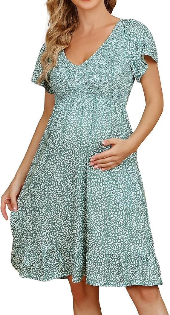 Floral smocked waistband maternity dress breathable soft fabric flexible fit all trimesters