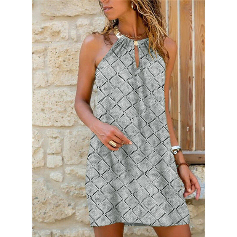 Women's sleeveless halter neck mini dress relaxed fit bold geometric pattern summer chic style