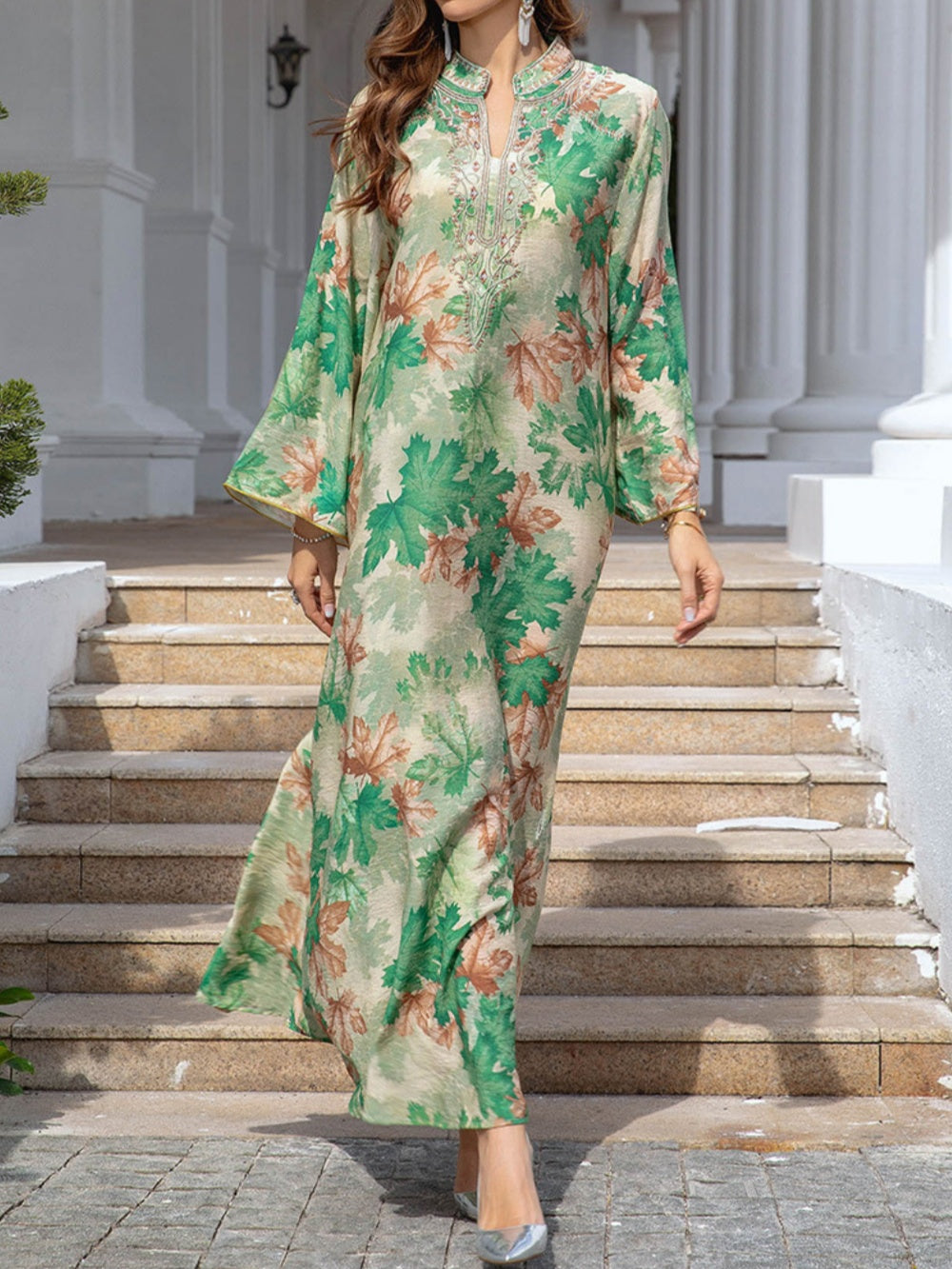 Women's maple leaf print maxi dress long sleeve elegant robe with embroidered detailing green red orange