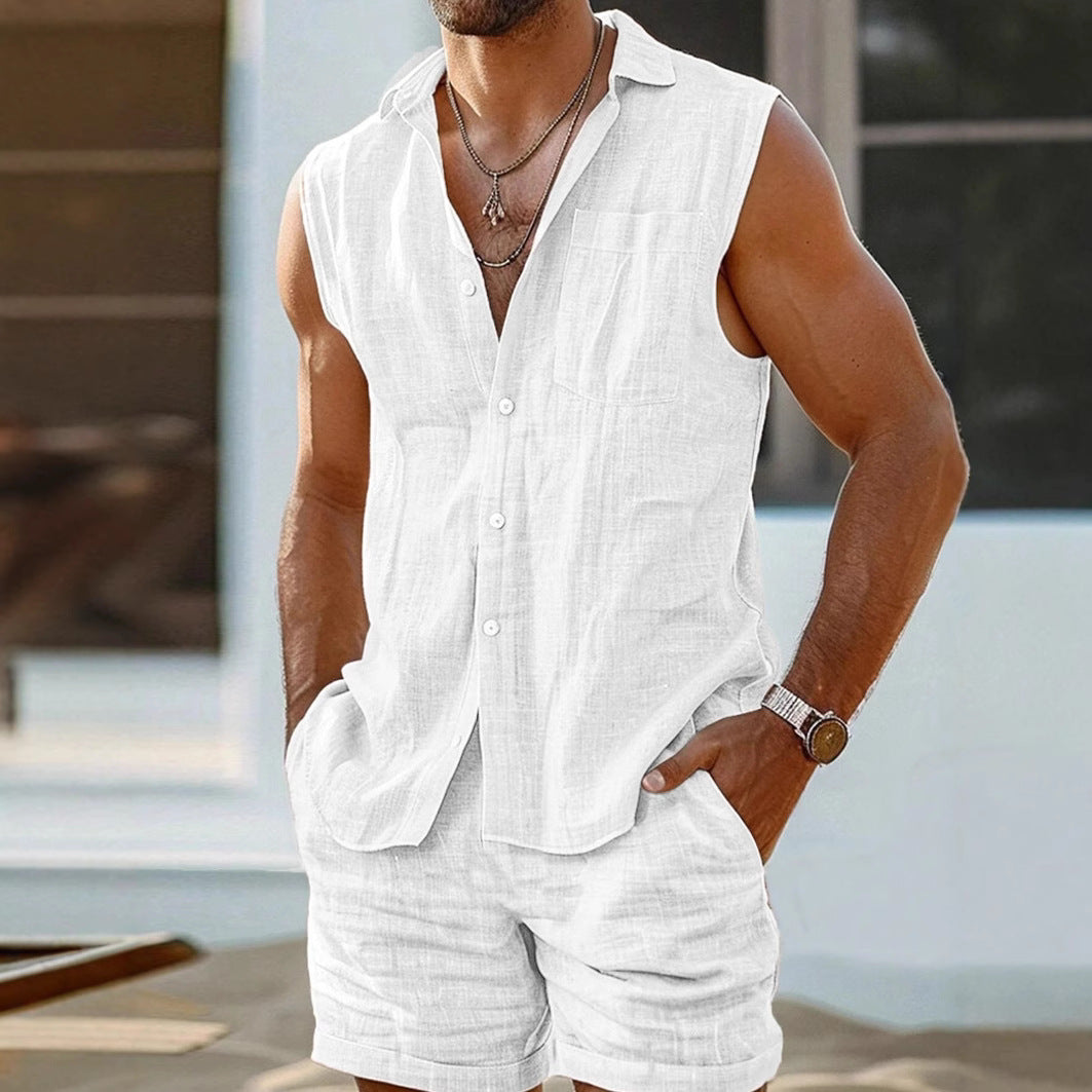 Men's cotton linen sleeveless shirt and shorts set relaxed fit breathable summer matching ensemble